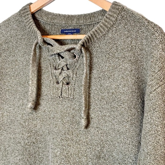 🔴5 for $40 SALE!  American Eagle Olive Green, LaceUp, Crop Top Neck Sweater sz M - Picture 11 of 14